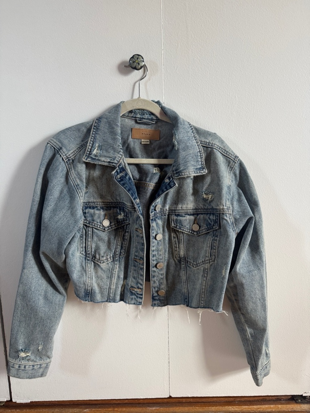 Blank NYC Light Blue Distressed Cropped Denim Jacket